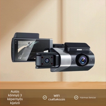 Három lencsés Ultra HD éjszakai látású autós dash cam, első, belső és hátsó nézettel, Wi‑Fi, 3 hüvelykes kijelző