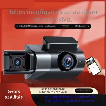 Három lencsés Ultra HD éjszakai látású autós dash cam, első, belső és hátsó nézettel, Wi‑Fi, 3 hüvelykes kijelző