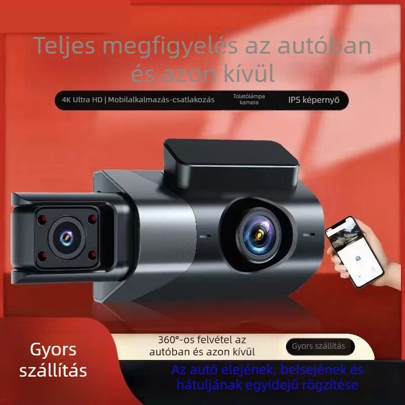Három lencsés Ultra HD éjszakai látású autós dash cam, első, belső és hátsó nézettel, Wi‑Fi, 3 hüvelykes kijelző