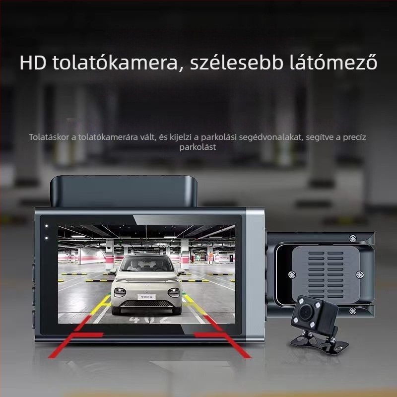 Három lencsés Ultra HD éjszakai látású autós dash cam, első, belső és hátsó nézettel, Wi‑Fi, 3 hüvelykes kijelző