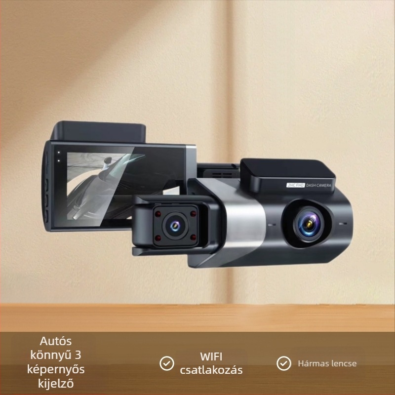 Három lencsés Ultra HD éjszakai látású autós dash cam, első, belső és hátsó nézettel, Wi‑Fi, 3 hüvelykes kijelző