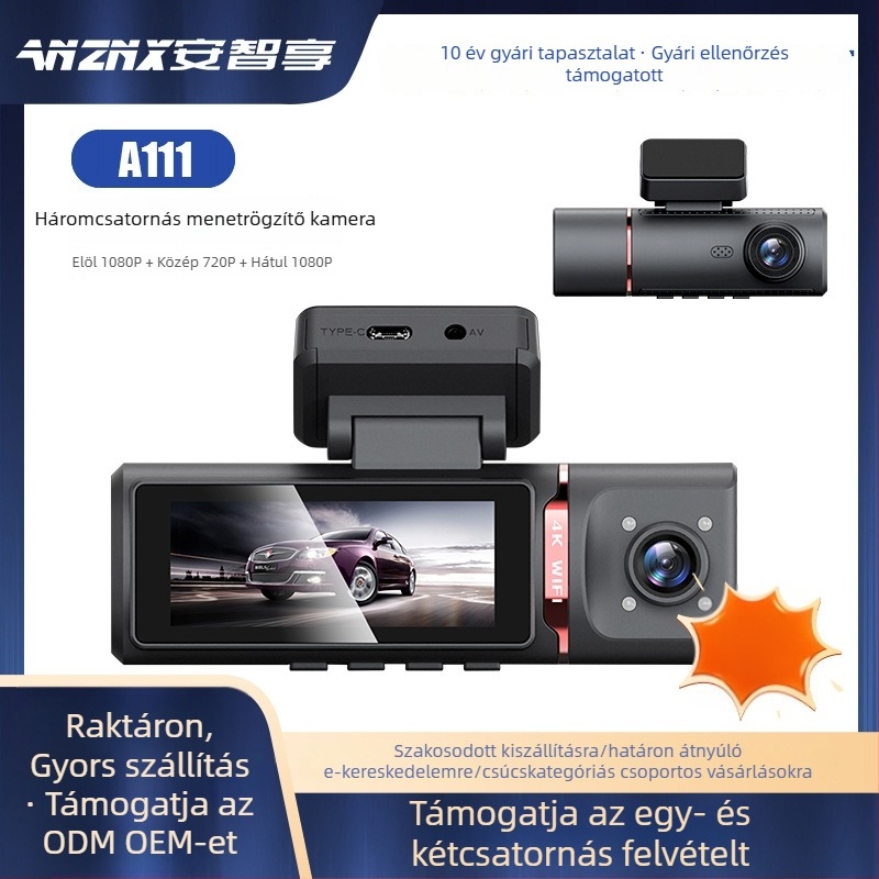 Wi‑Fi autós dashkamera kettős lencsékkel, 1440P, 3,5 colos IPS kijelző