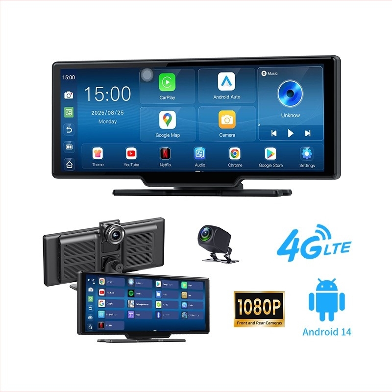 Android fedélzeti dash cam 10 hüvelykes érintőképernyővel, elöl-hátul 1080p felvétel, 170° látószög, 4G kapcsolat, GPS navigáció CarPlay támogatással