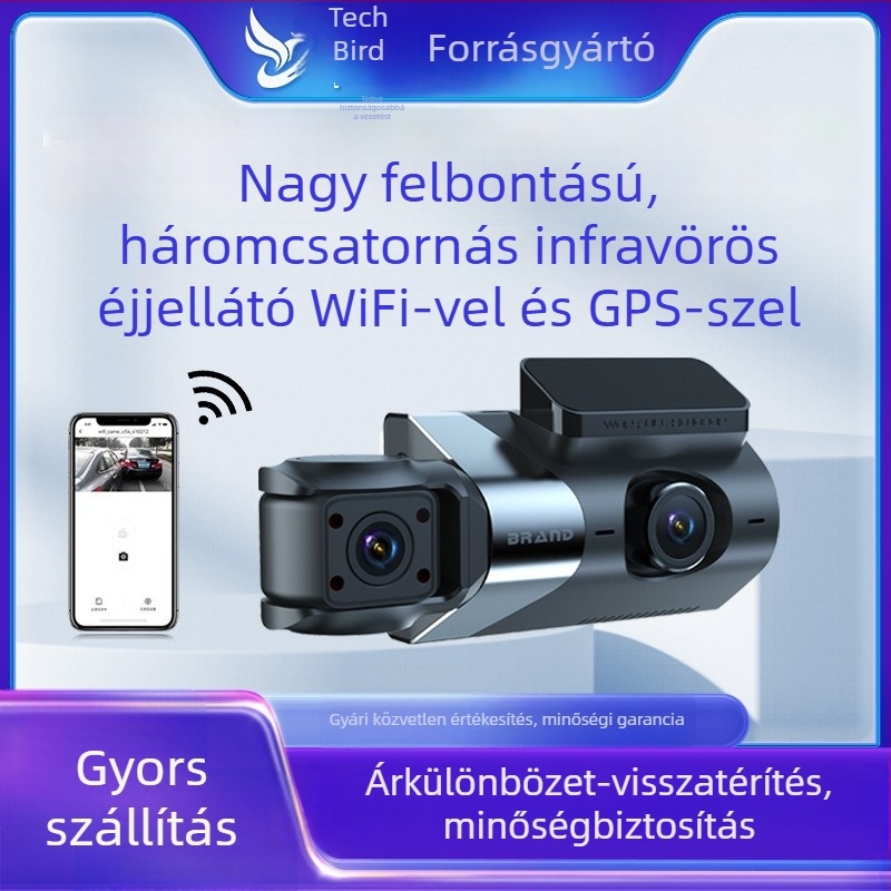 Új 3-lencsés autóvideoregisztrátor, háromszoros felvétel, telepítés nélkül, 1080p HD, Wi‑Fi dash cam