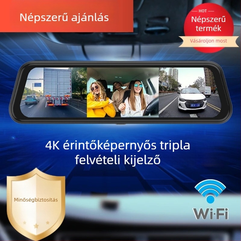 Új 10 hüvelykes háromlencsés HD autós DVR előre, belső és hátsó felvétellel, 4K streaming és 24 órás parkolási megfigyelés