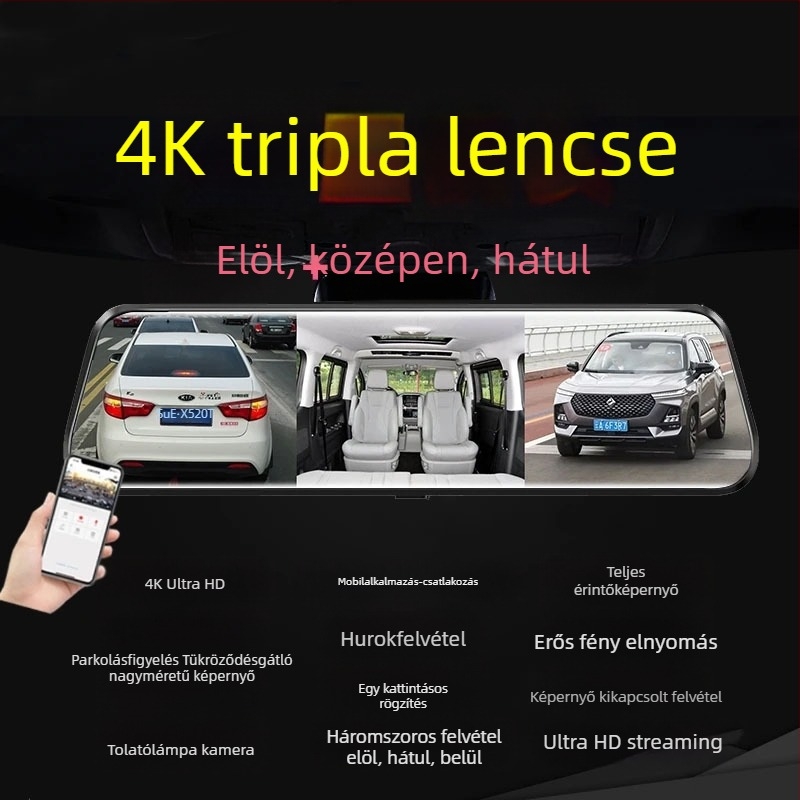 Új 10 hüvelykes háromlencsés HD autós DVR előre, belső és hátsó felvétellel, 4K streaming és 24 órás parkolási megfigyelés