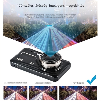 Kétlencsés dash cam érintőképernyővel; Elöl-hátul felvétel 1080p; 170°-os széles látószög; hurok felvétel; TF-kártya támogatás.