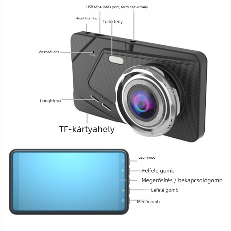 Autó DVR elől-hátul duál kamera, 1080p, IPS kijelző, 140° látószög, hurokfelvétel
