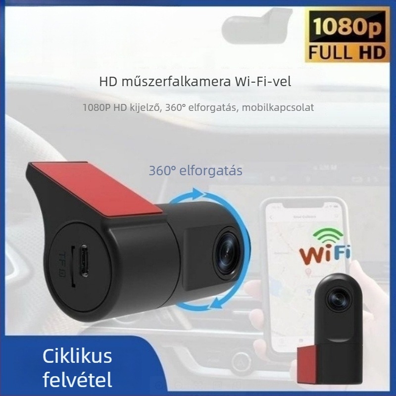 Rejtett HD autós kamera Wi‑Fi kapcsolattal a telefonhoz, 360°-os forgatható objektív, USB táplálás