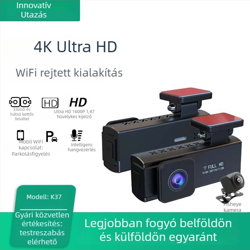 Új 1600P ultraklaritású autós DVR, hangvezérlés, elő- és hátsó felvétel, Wi-Fi telefonos kapcsolódás, parkoló monitorozás