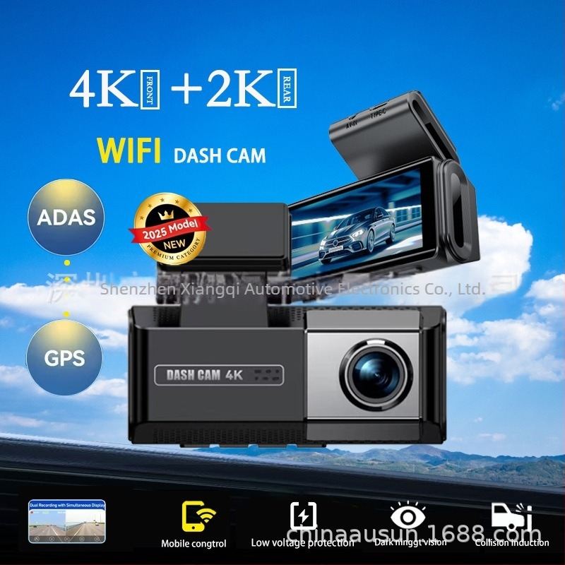 4K autós DVR Wi-Fi és GPS-szel, parkolási mód, ADAS, elő- és hátsó kettős felvétel, 170° széles látószög, 3,5 hüvelykes érintőképernyő