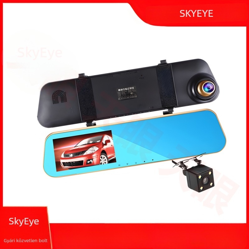 Hátsó tükrös autós dashcam éjszakai látással, 1080p, 140° látószög, 4,3 hüvelykes LCD, ciklikus felvétel és parkolás-monitorozás