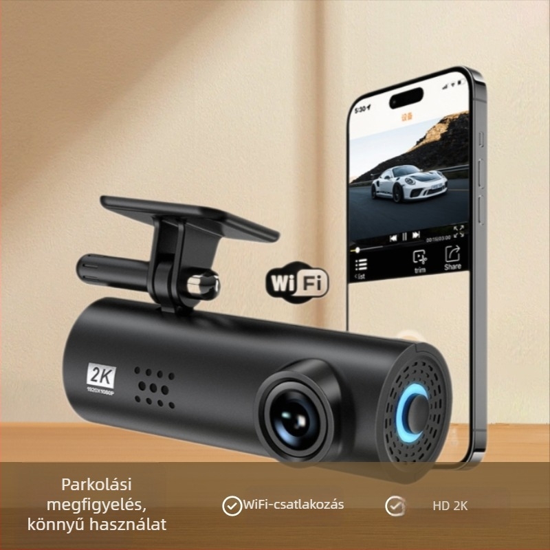 Autós dash kamera Wi‑Fi-vel, 2K HD, éjjellátás, 170°-os széles látószög, 24 órás parkolási monitorozás
