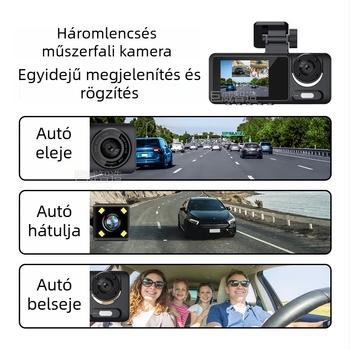 Háromlencsés autóregisztrátor, 2 hüvelykes kijelző, 1080P éjjellátás, elöl-hátul felvétel Wi‑Fi kapcsolattal
