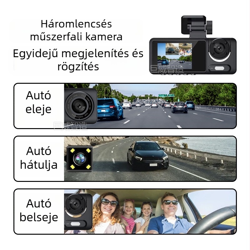 Háromlencsés autóregisztrátor, 2 hüvelykes kijelző, 1080P éjjellátás, elöl-hátul felvétel Wi‑Fi kapcsolattal