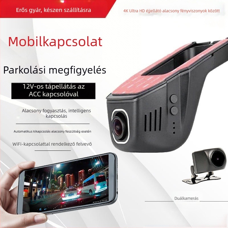 U-alaku rejtett autó dashcam Wi‑Fi-vel, 4K/1080p felvételi módok, 170° látószög, ciklikus felvétel és parkoló megfigyelés