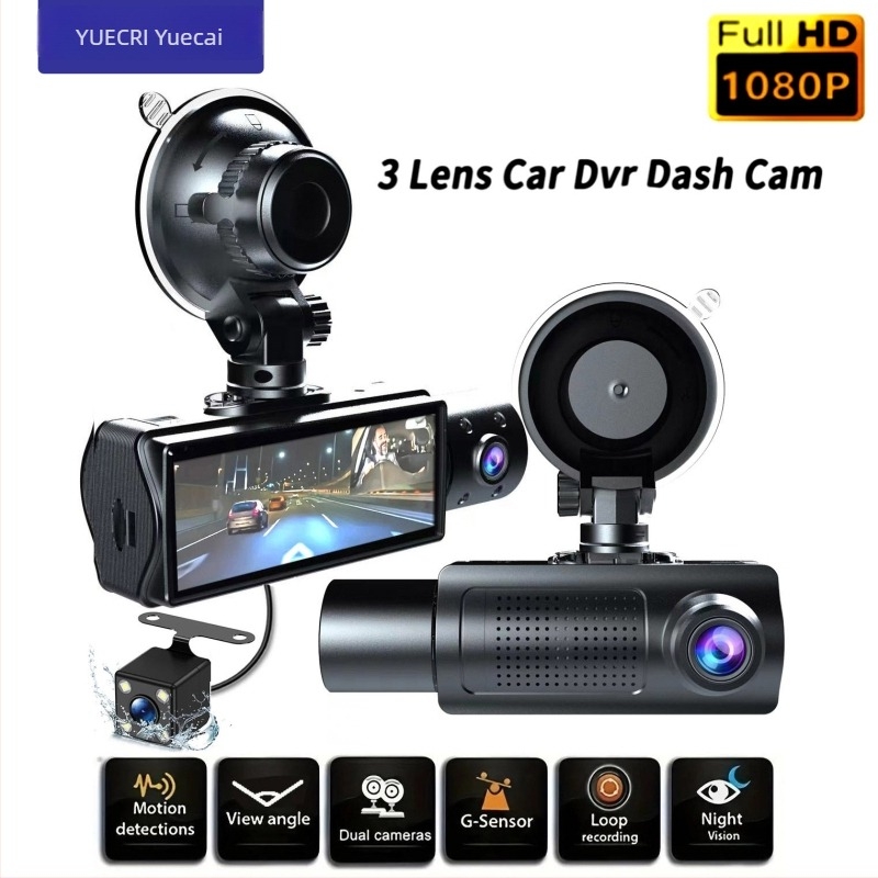 Yuecai háromlencsés autós dashcam, 3,16 col HD 1080p kijelzővel és tolatóképpel