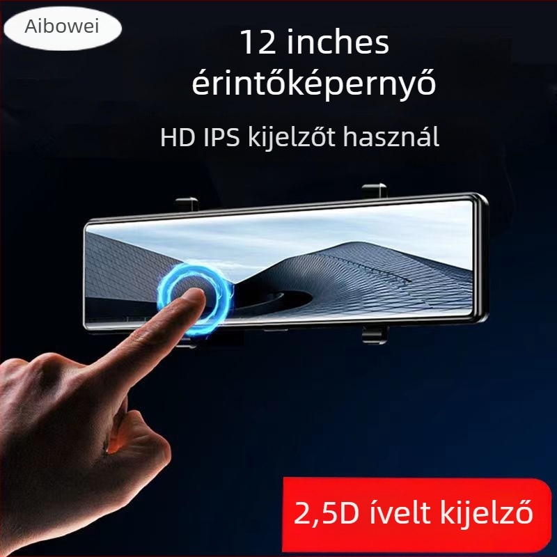 12 hüvelykes teljes képernyős kettős lencsés autós DVR, előre- és hátrafelvétel, HD éjjellátás, visszapillantó tükrös kijelzővel