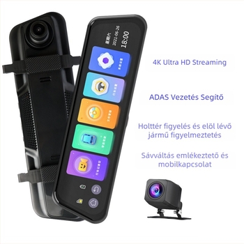 4K visszapillantó tükör dash kamera ADAS-szal, elülső és hátsó kettős felvétel, Wi‑Fi, ciklikus felvétel