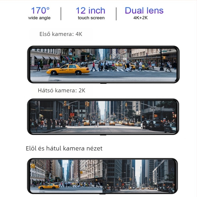 Autós dash cam kettős felvétellel, 4K elöl-hátul, GPS, 170° látómező, TF-kártya támogatás, F1.8 objektív