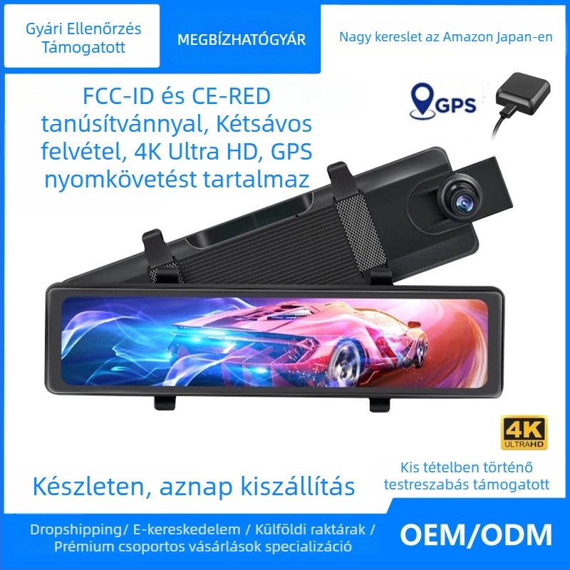 Autós dash cam kettős felvétellel, 4K elöl-hátul, GPS, 170° látómező, TF-kártya támogatás, F1.8 objektív