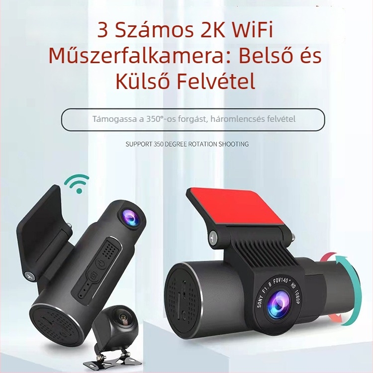 T3 autó DVR három Kamerával belső és külső felvételezéshez, WiFi és APP összeköttetés, 140°-os széles látószög, 5 MP szenzor, TF kártya 128 GB-ig támogatott, ciklusos felvétel, 12-30 V tápegység
