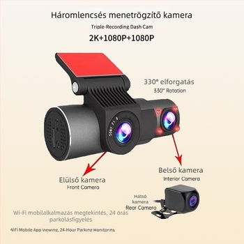 4K autós DVR háromlencsés, képernyő nélküli, Wi‑Fi és okostelefon-kapcsolat, éjjeli látás, teljes jármű HD felvétel