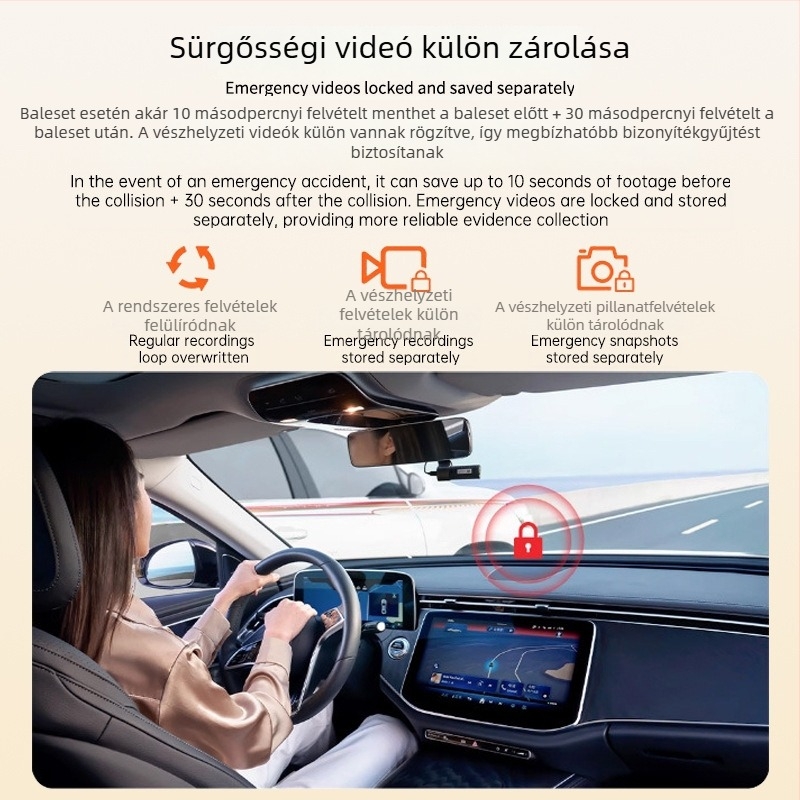 4K autós DVR háromlencsés, képernyő nélküli, Wi‑Fi és okostelefon-kapcsolat, éjjeli látás, teljes jármű HD felvétel