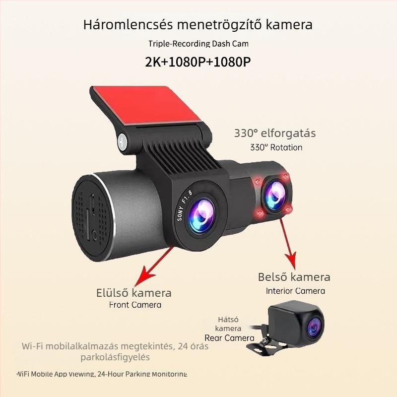 4K autós DVR háromlencsés, képernyő nélküli, Wi‑Fi és okostelefon-kapcsolat, éjjeli látás, teljes jármű HD felvétel