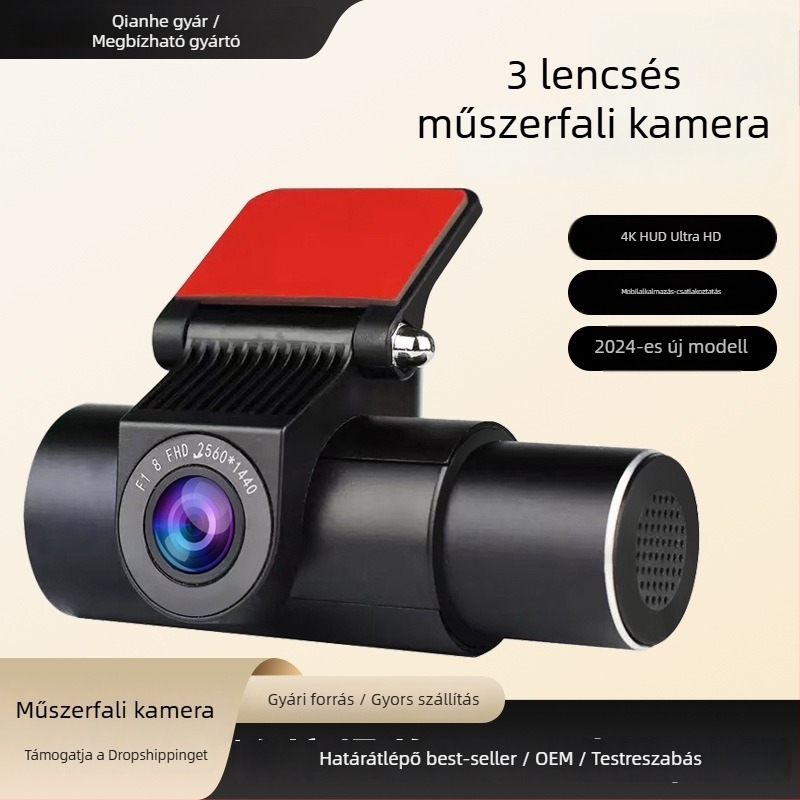 4K autós DVR háromlencsés, képernyő nélküli, Wi‑Fi és okostelefon-kapcsolat, éjjeli látás, teljes jármű HD felvétel
