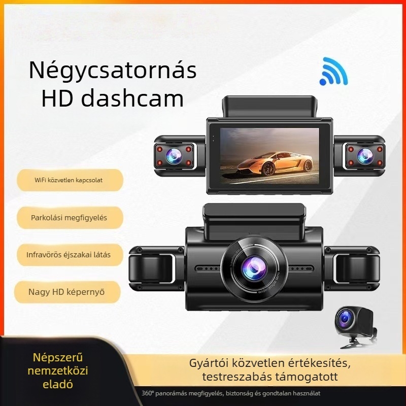 Autó Dash Cam többlencsés rendszerrel, 1080p/170°, Wi-Fi, körkörös felvétel, TF-kártyát támogat