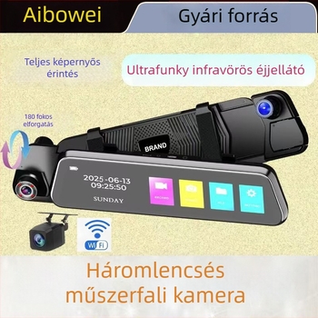 4K‑os 360° panorámás autós dashcam Wi‑Fi‑vel és telefonkapcsolattal, három lencsével, 180°-os tolató kép