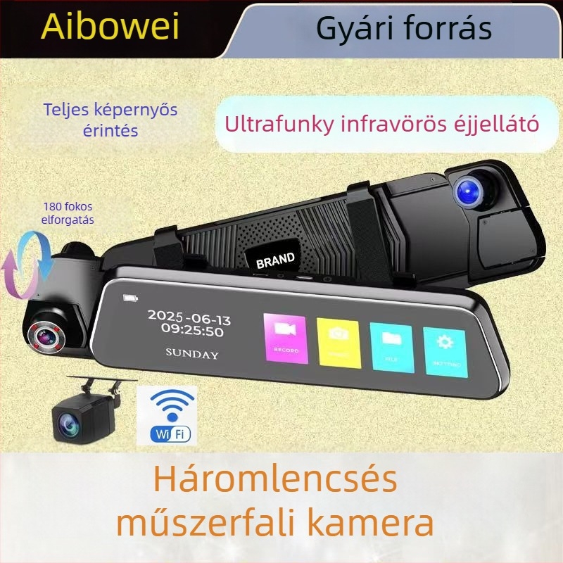 4K‑os 360° panorámás autós dashcam Wi‑Fi‑vel és telefonkapcsolattal, három lencsével, 180°-os tolató kép