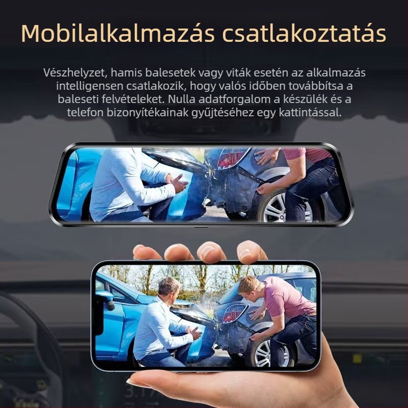 4K‑os 360° panorámás autós dashcam Wi‑Fi‑vel és telefonkapcsolattal, három lencsével, 180°-os tolató kép