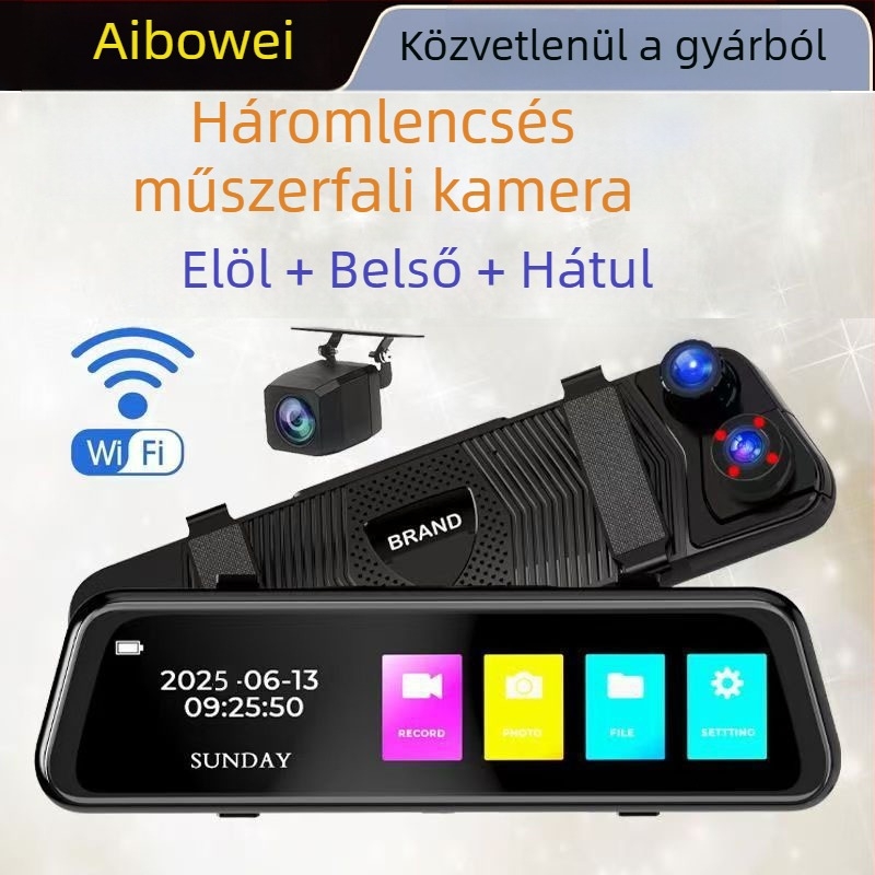 4K‑os 360° panorámás autós dashcam Wi‑Fi‑vel és telefonkapcsolattal, három lencsével, 180°-os tolató kép