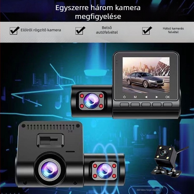 M80 rejtett 3-kamerás autós DVR, 1080P, 140° látószög, F2.0 objektív, TF-kártya 64GB-ig