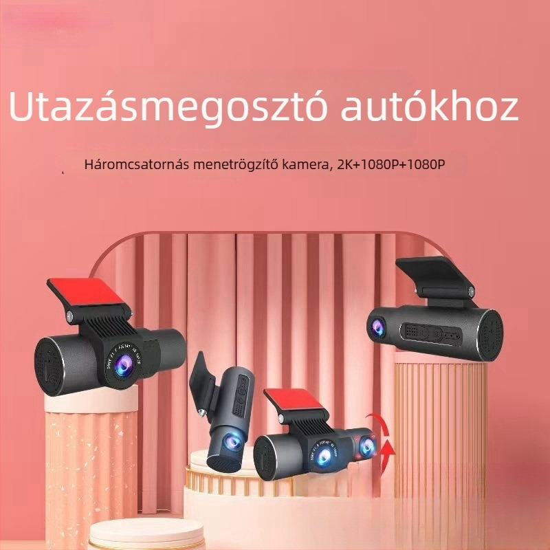 Haoli valódi 4K háromlencsés autós dash kamera, képernyő nélkül, Wi‑Fi, 360° felvétel: előre, belső és hátsó kamera, éjszakai látás