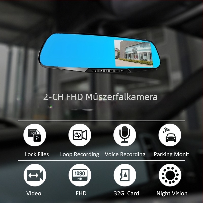 Klasszikus 4,3 hüvelykes visszapillantó tükör dash cam kettős felvétellel