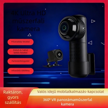 360°-os panorámás 4K-s dash kamera vezeték nélküli alkalmazással, elő- és hátsó kettős objektív, kijelző nélkül