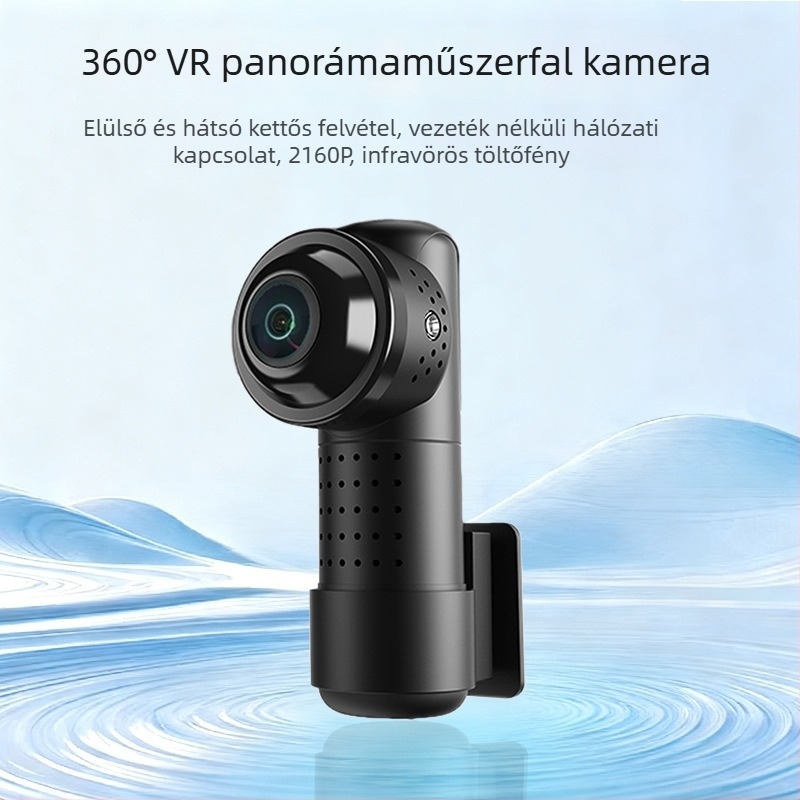 360°-os panorámás 4K-s dash kamera vezeték nélküli alkalmazással, elő- és hátsó kettős objektív, kijelző nélkül