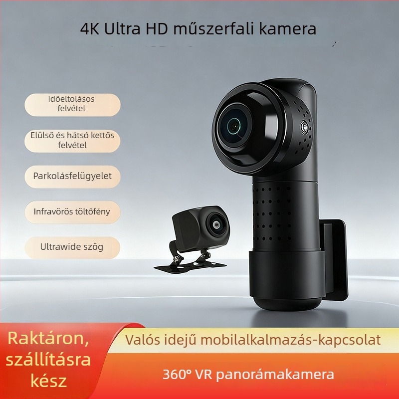 360°-os panorámás 4K-s dash kamera vezeték nélküli alkalmazással, elő- és hátsó kettős objektív, kijelző nélkül