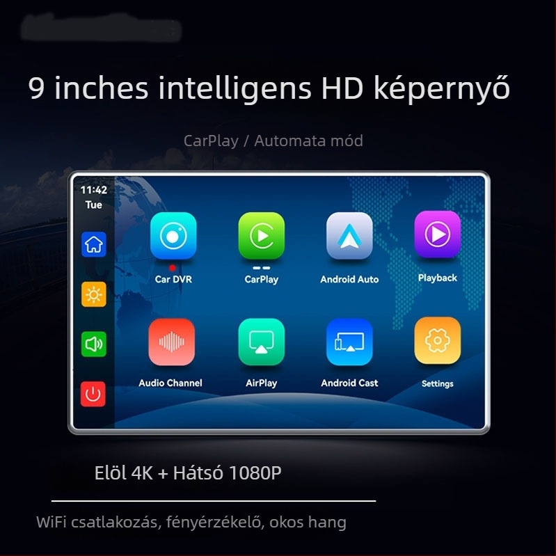 9 hüvelykes vezeték nélküli CarPlay dash cam fényérzékelős technológiával, 5G Wi‑Fi navigáció, 4K felvétel