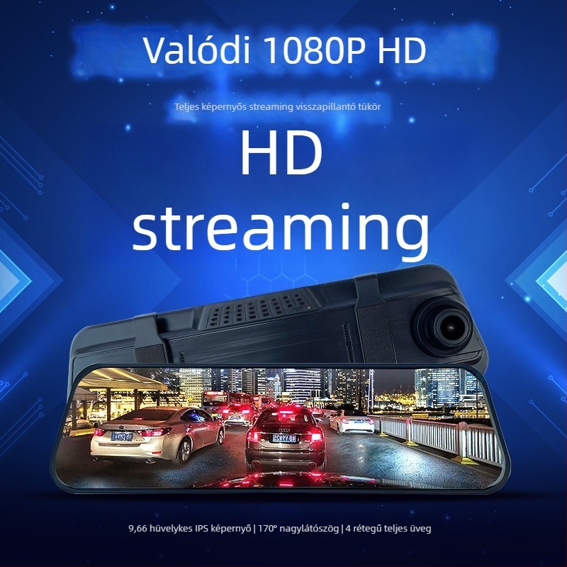 V801080P Kétlencsés hátsó tükrös dash cam, 9,66 hüvelykes kijelző, elülső és hátsó felvétel