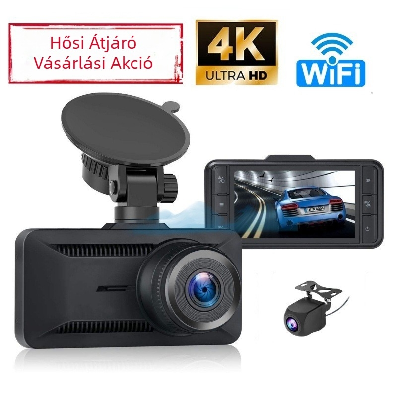 Autós dash cam kettős lencsével és Wi‑Fi-vel, 4K 2160p, 150° látószög, éjszakai látás, TF-kártya-támogatás
