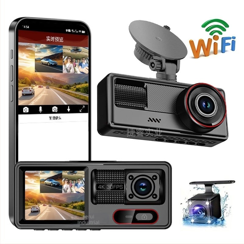 Háromlencsés autós dashcam, 2 hüvelykes kijelző, Wi-Fi, HD éjszakai felvétel, elő- és hátsó felvétel