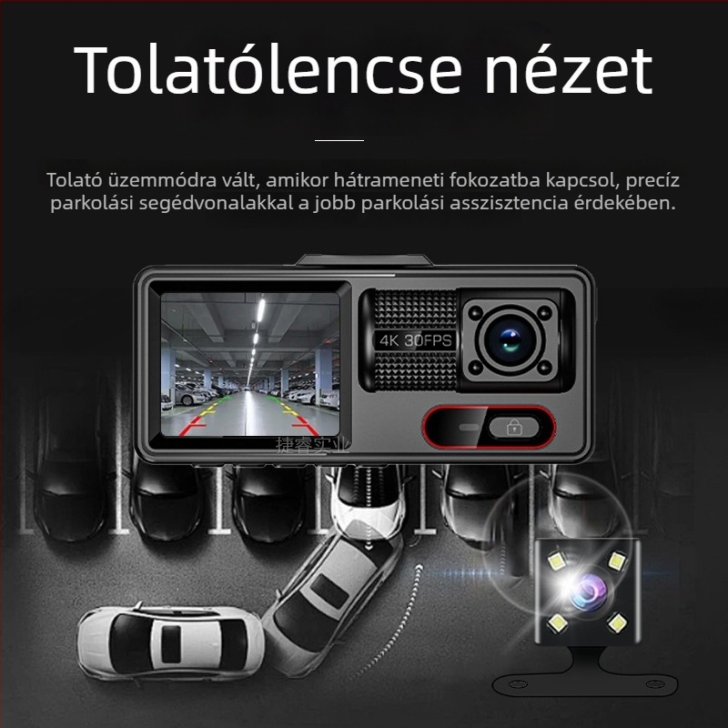 Háromlencsés autós dashcam, 2 hüvelykes kijelző, Wi-Fi, HD éjszakai felvétel, elő- és hátsó felvétel