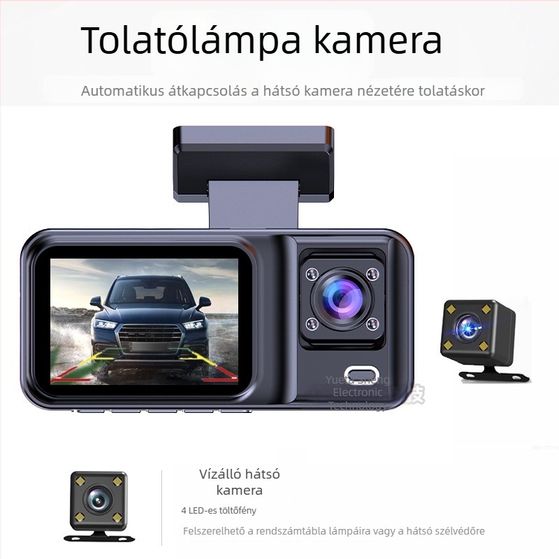 2 hüvelykes autós DVR elő- és hátsó háromlencsés felvétellel, HD, Wi‑Fi, hátrameneti kép