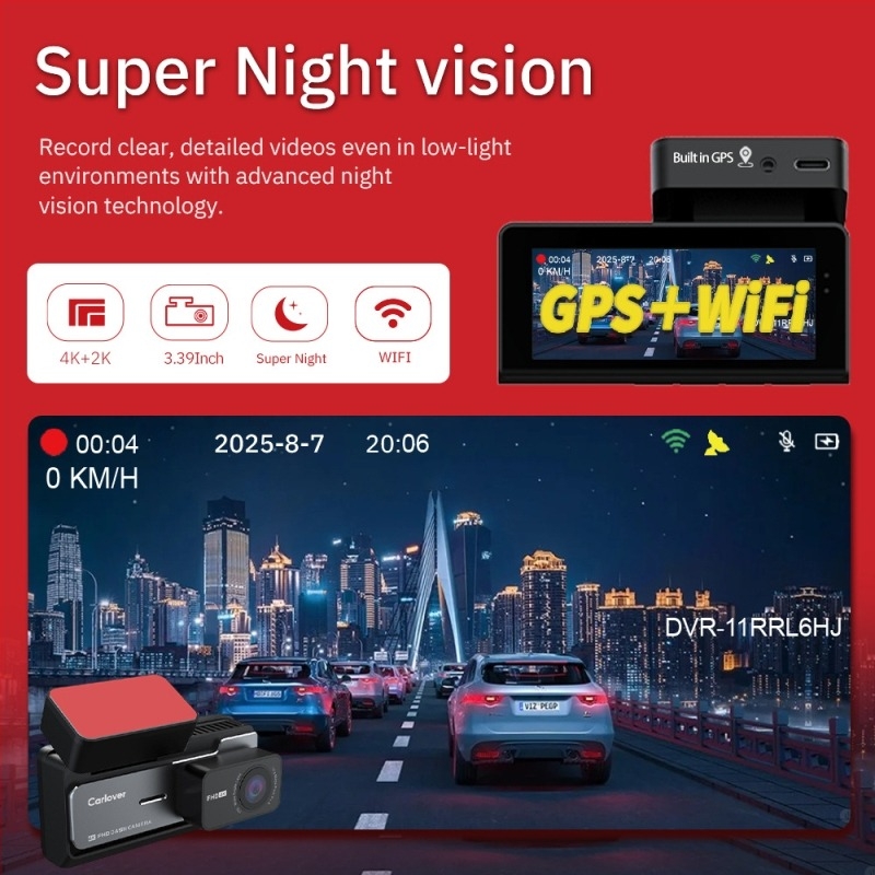 Elő- és hátsó 4K autós dashcam, 140° látószög, 3,5 hüvelykes kijelző, ciklikus felvétel, Wi‑Fi