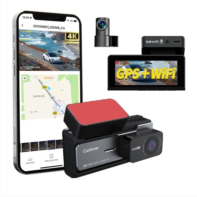 Elő- és hátsó 4K autós dashcam, 140° látószög, 3,5 hüvelykes kijelző, ciklikus felvétel, Wi‑Fi