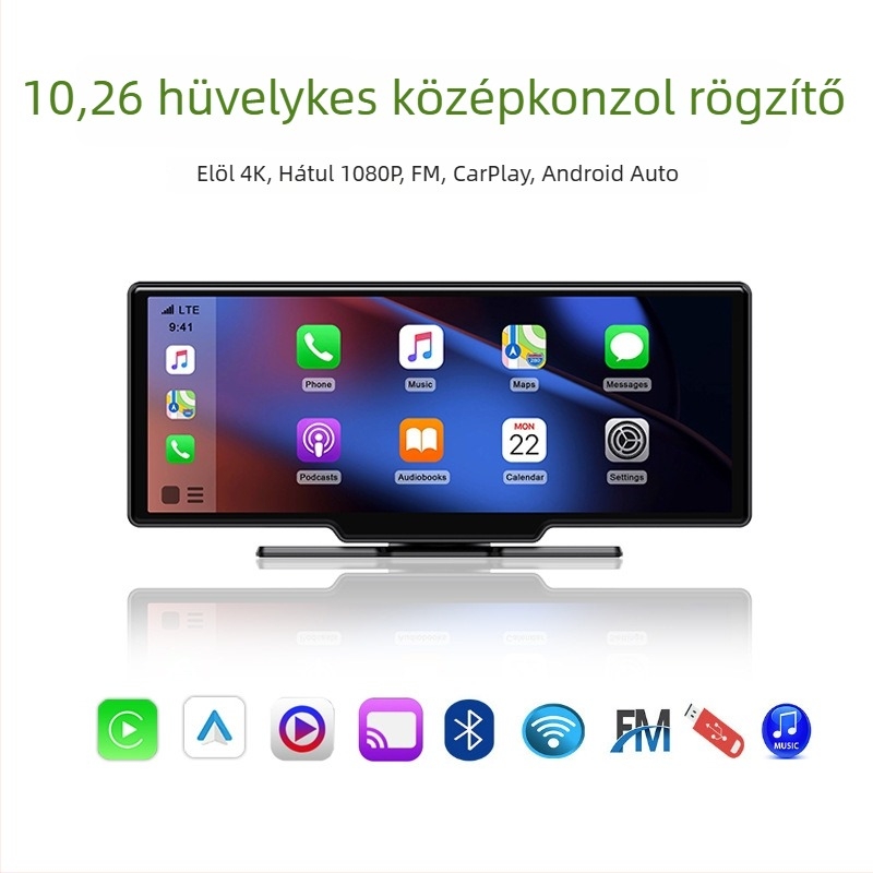 10,26 hüvelykes CarPlay navigáció Bluetooth és Android Auto, középkonzolos dash cam, intelligens